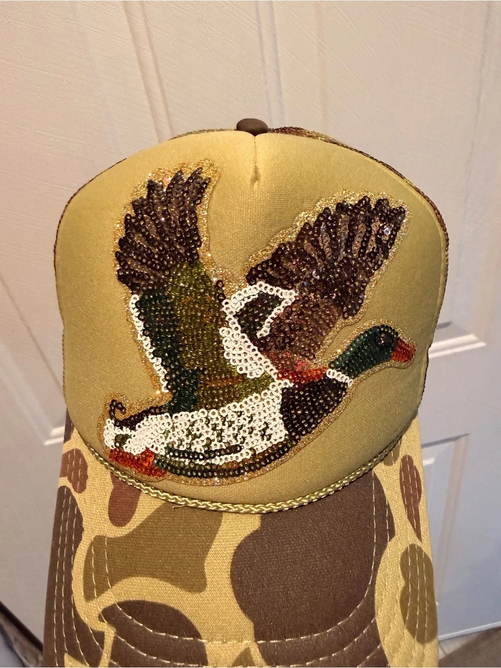 Sequin Mallard Duck Trucker Hat - Olive/Camo